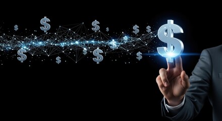 Businessman hand touching a large glowing 3D dollar currency sign connected to a digital stream of money symbols on black background symbolizing fintech and wealth growth