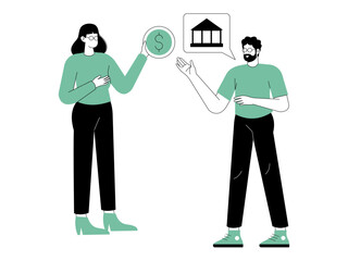 The man advised his female friend to save money in the bank. Finance illustration. Flat vector illustration.	
