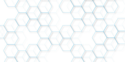 Naklejka premium Abstract white background with blue hexagons seamless pattern and geometric in vector design. Futuristic blue neon honeycombs. Modern technology design .Minimal style website banner, decoration .