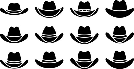 Cowboy hat silhouette icon set with varied brim and crown styles, representing western culture in a minimalist design