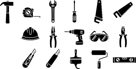 Obraz premium Set of black silhouette vector icons representing various construction and repair tools.