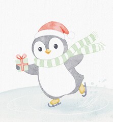 Cute Watercolor Penguin Ice Skating Illustration. Adorable Cartoon Character Wearing a Santa Hat and Green Scarf, Holding a Christmas Present, Perfect for Winter Holidays and Seasonal Greetings.