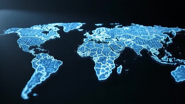 Illuminated digital world map in blue lines, on a black background, representing global connectivity