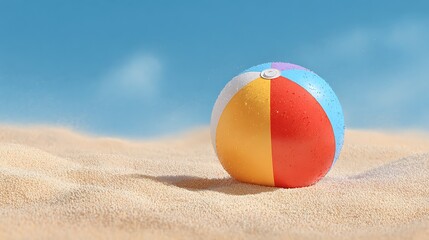 Obraz premium Colorful wet beach ball resting on warm sand dunes with clear blue sky background. summer leisure