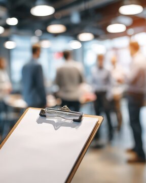 Business debrief notes on clipboard with blurred colleagues in meeting discussing strategies, perfect for leadership development and organizational growth concept.