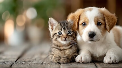 Obraz premium Adorable Tabby Kitten and Golden Retriever Puppy Together on Wooden Surface. Close Up. Shallow Dep