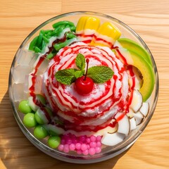 Colorful Indonesian shaved ice dessert with fruit, jelly, and syrup served in a glass.