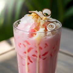 Indonesian traditional pink coconut milk drink with tape, avocado, and shaved ice.