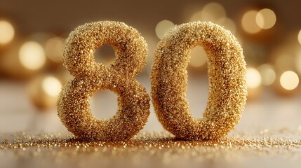 Sparkling Golden Number 80 Anniversary Celebration with Bokeh Lights. Anniversary Celebration