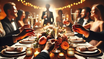 Wedding dinner party scene with guests raising champagne glasses for a toast