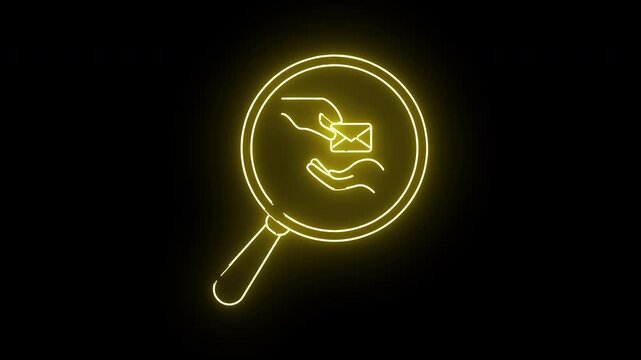 A yellow neonstyle graphic of a magnifying glass showing hands exchanging an envelope