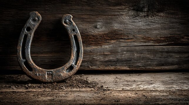 Weathered antique metal horseshoe resting on gritty soil against rustic wooden background. symboli