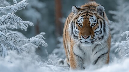 Majestic tiger walking through a snowy forest in winter. with frost covered branches and soft boke