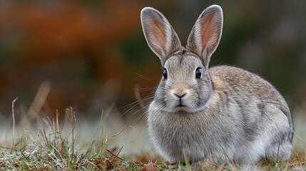Fototapeta premium Close up portrait of a fluffy gray rabbit with large ears sitting in dry grass and autumn foliage