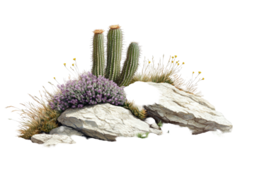 Desert flora w/ cactus, rocks, and purple blooms against black