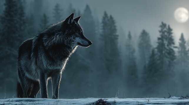 Majestic wolf standing in snowy forest under moonlight. detailed fur. atmospheric. wild nature sce