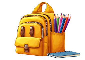 Yellow backpack with pencils, notepad; cartoon style
