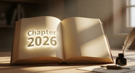 Open book with glowing text chapter 2026 and quill pen