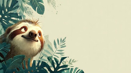 Naklejka premium Whimsical Cartoon Sloth Peeking from Lush Green Tropical Leaves. Playful Expression. Copy Space