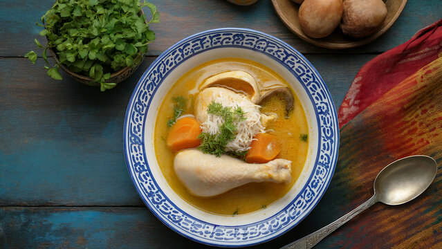 Algerian cuisine. Chorba beida. A white chicken soup traditionally prepared during Ramadan.

Top view