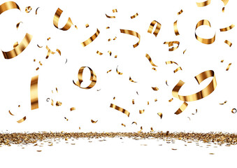 Falling gold confetti over a shimmering surface, black background