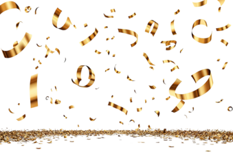 Falling gold confetti over a shimmering surface, black background