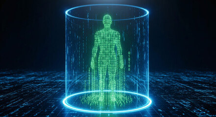 Futuristic digital human hologram in a glowing cylindrical field, representing artificial intelligence, data processing, and cybernetic identity in a secure virtual environment