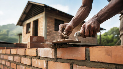 A man's hands laying cement at a house construction site