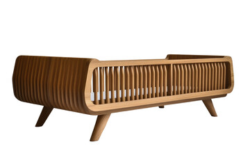 Modern crib wooden slats, curved frame, minimalist design