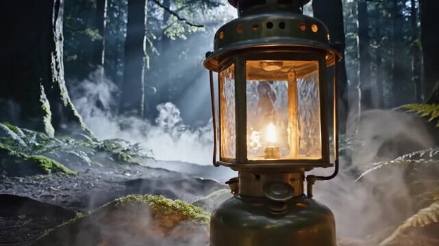 Glowing old lantern illuminates misty woodland floor sunbeams through trees forest mystery light atmosphere