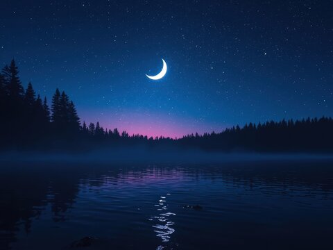 Serene crescent moon shines over a calm lake reflecting a starry night sky