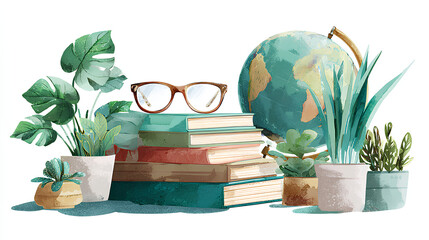Happy teachers day illustration with stacks of books, a globe, glasses, and plants isolated on white background Stock Illustration