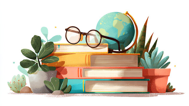 Happy teachers day illustration with stacks of books, a globe, glasses, and plants isolated on white background Stock Illustration - Powered by Adobe