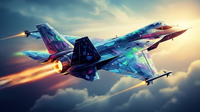 Dynamic Jet Fighter Soaring Through Clouds, Colorful Abstract Design.