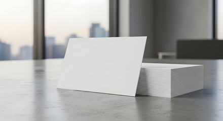 Blank white business cards stacked on a modern reflective surface with city view background
