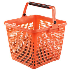 Orange, perforated shopping basket with a brown handle