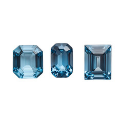 Faceted aquamarine gemstones in varied cuts on black