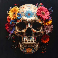 Naklejka premium Human skull decorated with colorful florals, symbolizing beauty, mortality, and life’s transience