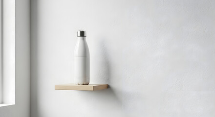 Minimalist white water bottle on a light wood shelf against a textured white wall