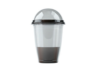 Drink in clear cup with domed lid, dark liquid, black base