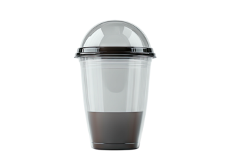 Drink in clear cup with domed lid, dark liquid, black base