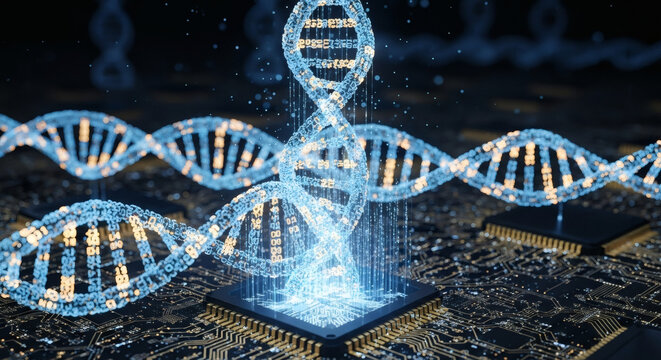 Revolutionary DNA sequencing technology emerging from microchip processing power, showcasing digital biology innovation