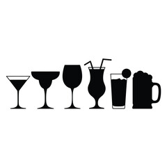 Collection of silhouetted cocktail glasses and beer mug