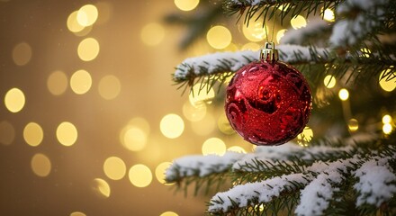 A red bauble adorns a snowy Christmas tree with warm, golden lights softly blurred behind.