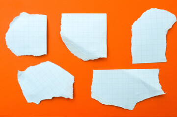 Torn pieces of white graph paper, notebook paper scattered on a vibrant orange background. Blank mockup for notes, reminders, to-do lists, and high-contrast abstract backgrounds.