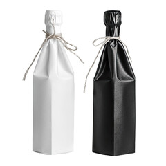 Two wrapped bottles, white and black, tied with string
