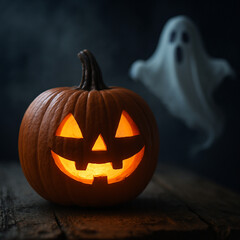  Spooky Halloween Background Featuring Pumpkin and Cute White Ghost 