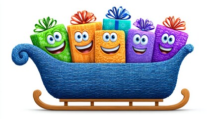 3D cartoon sleigh loaded with colorfully wrapped gifts and smiling characters