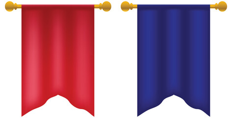 Set of red and blue hanging medieval banner scrolls