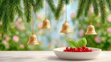 3D render of a cluster of hanging bells swaying above a holiday feast